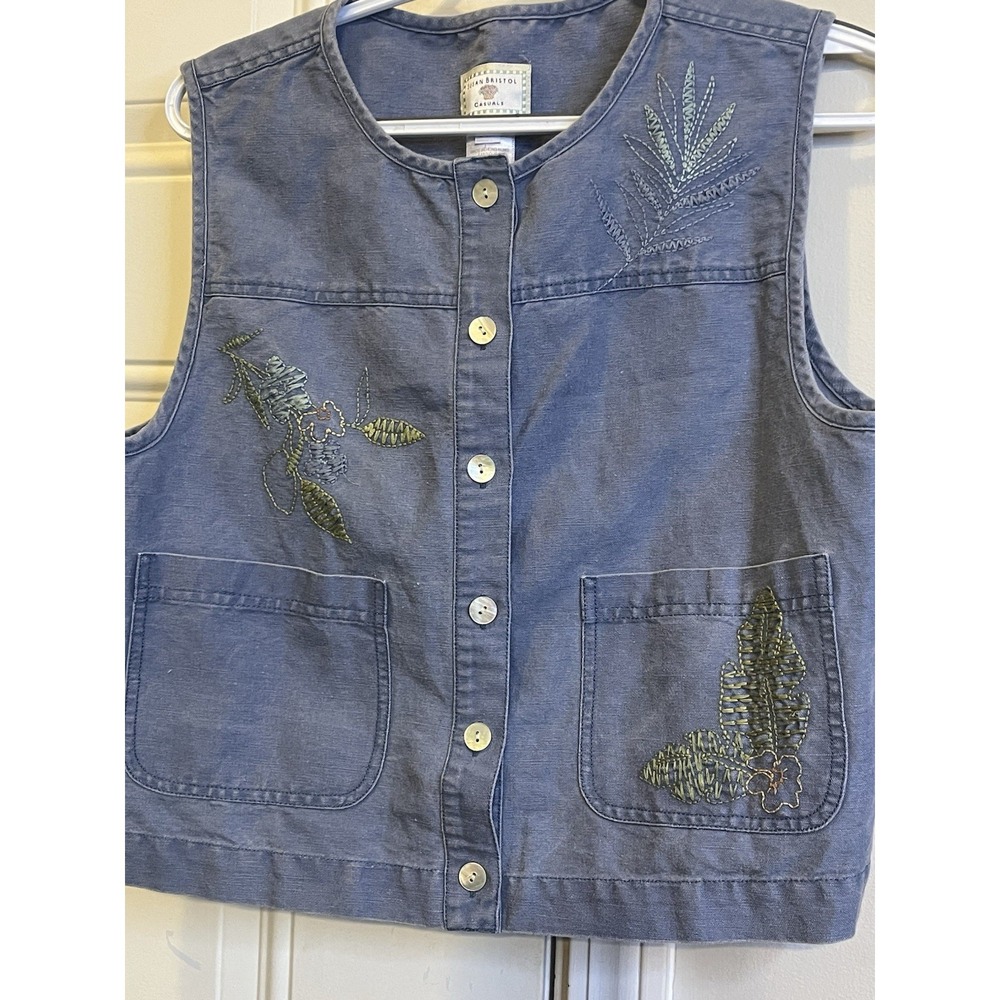 Vintage Susan Bristol Linen Blend Embroidered Vest Blue Cottagecore PM - Picture 2 of 7